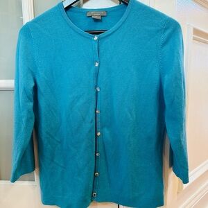 Ann Taylor 100% cashmere cardigan with Crystal looking buttons turquoise